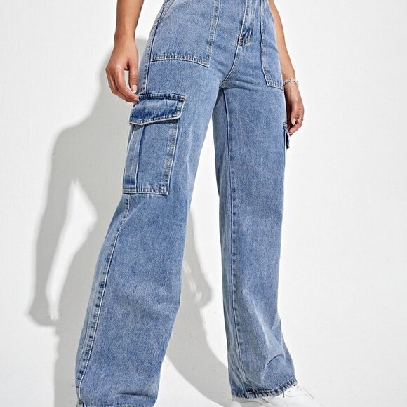 Light Wash Casual Womens High Waist Flap Pocket Side Cargo Jeans - Picture 5 of 5